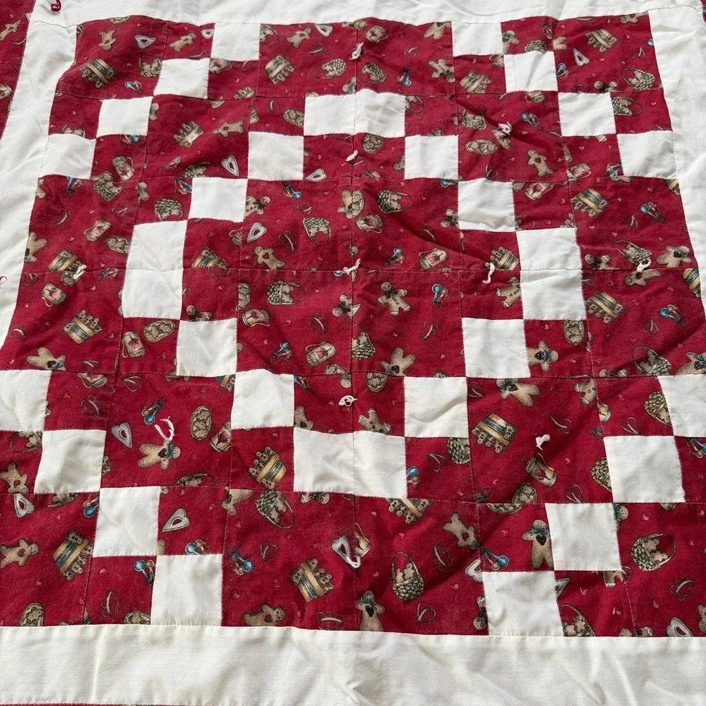 Vintage Handmade Patchwork Quilt – Red & White – 50” x 50” – Hand-Tied